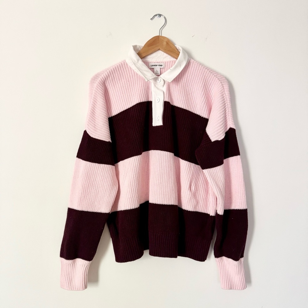 Lands’ End Rugby Stripe Sweater Pink Burgundy Size L